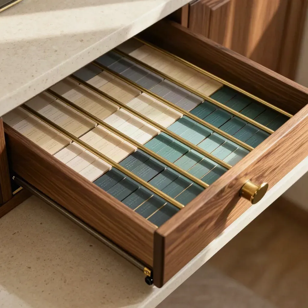 Top-down archival drawer with brass rails and teal tabs on pale travertine
