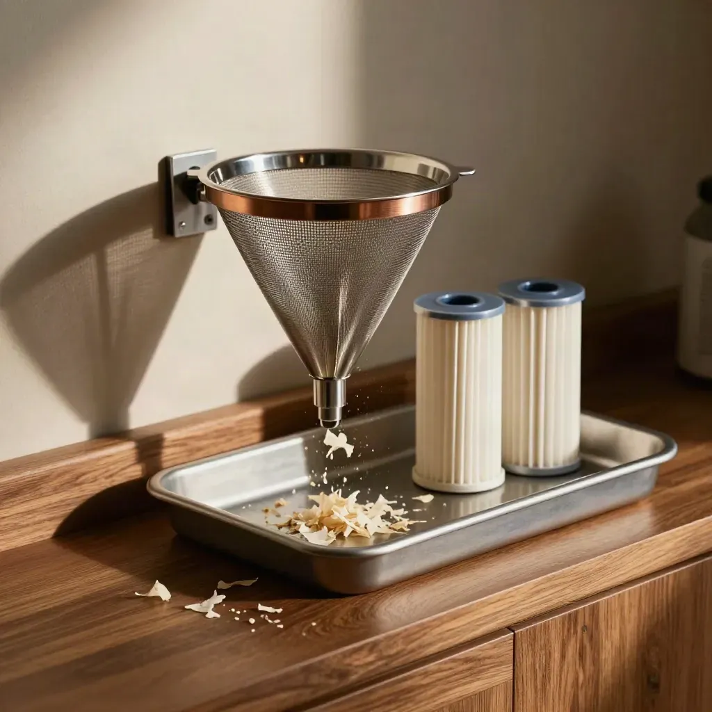 Mesh intake funnel, filter cartridges, and paper chaff on a warm walnut ledge.