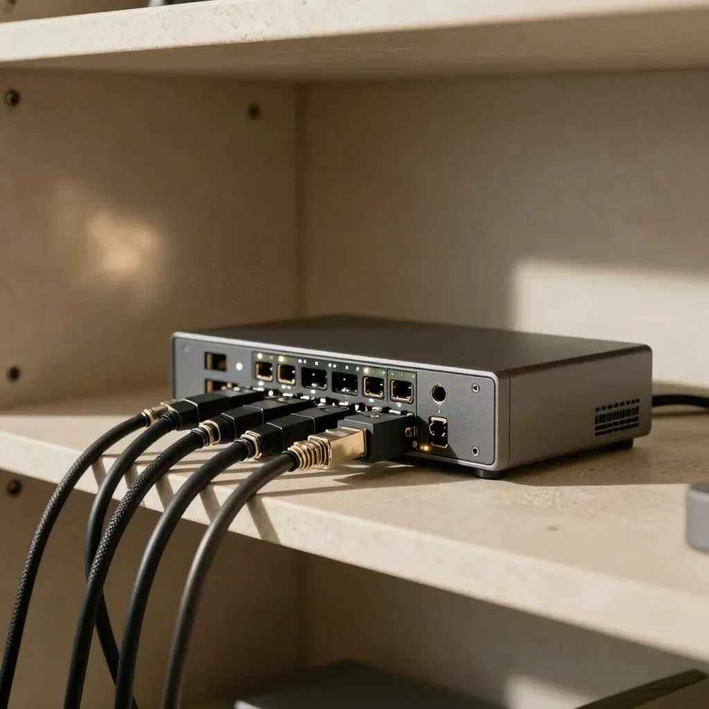 CRM sync station with ethernet leads and glowing status nodes on a stone shelf