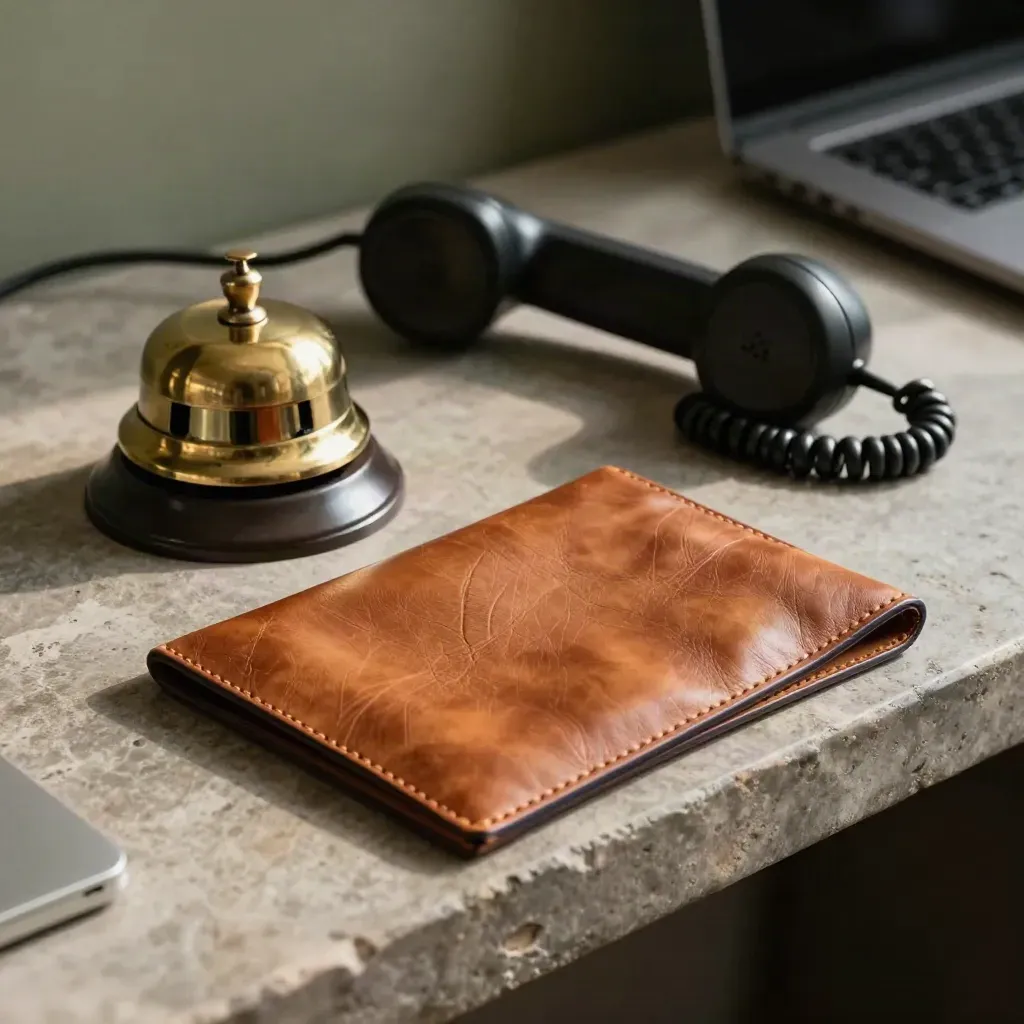 Brass call bell, docked handset and leather follow-up sleeve on stone under warm directional light.