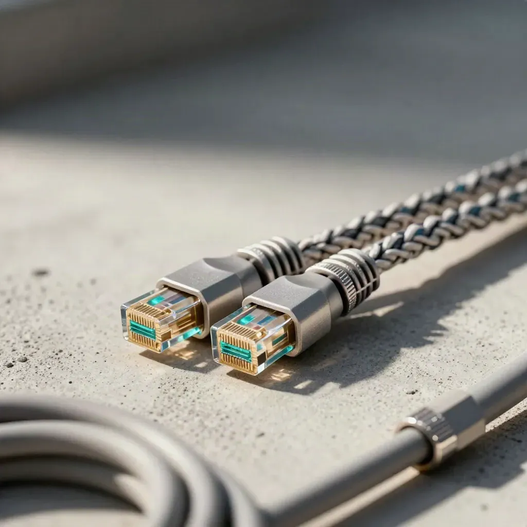 Braided ethernet cable, RJ connectors and sync module on concrete under dramatic light.