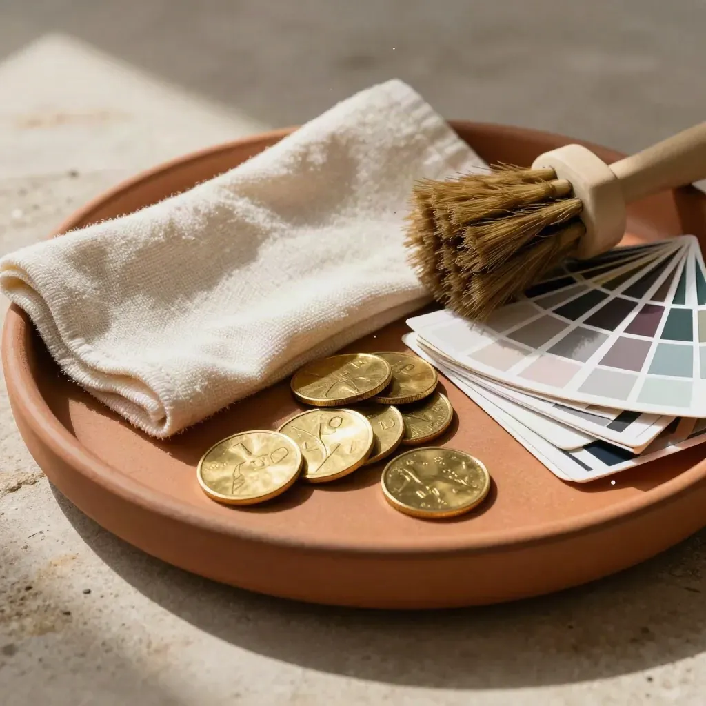 Brass tokens, swatches, cloth and brush in a terracotta tray