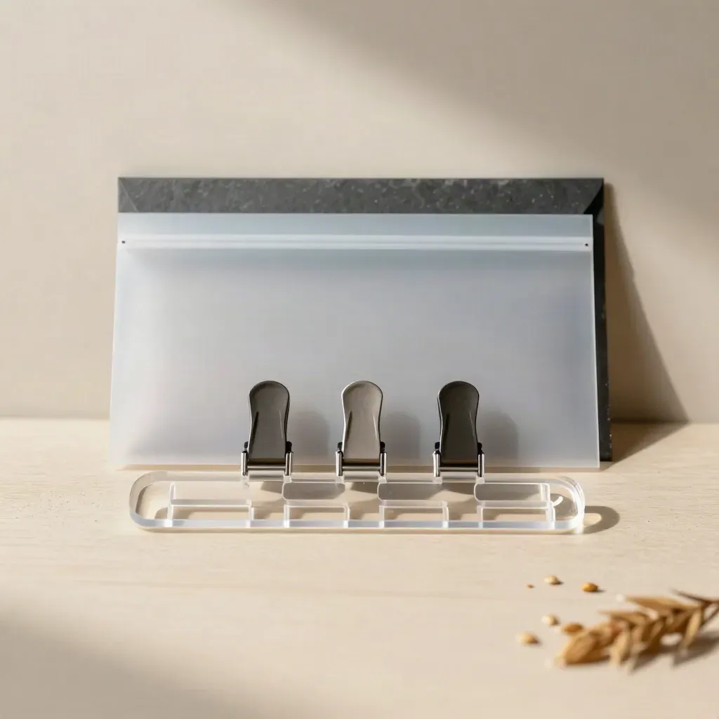 Top-down still life of acrylic intake pieces, clips, and a privacy envelope on pale wood.