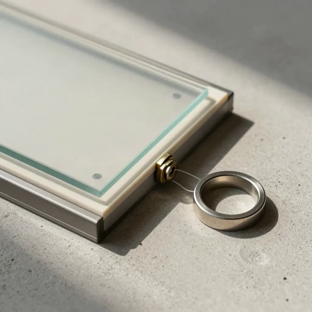 Overhead macro of a lock ring, gasketed frame, glass sample and cylinder on concrete.
