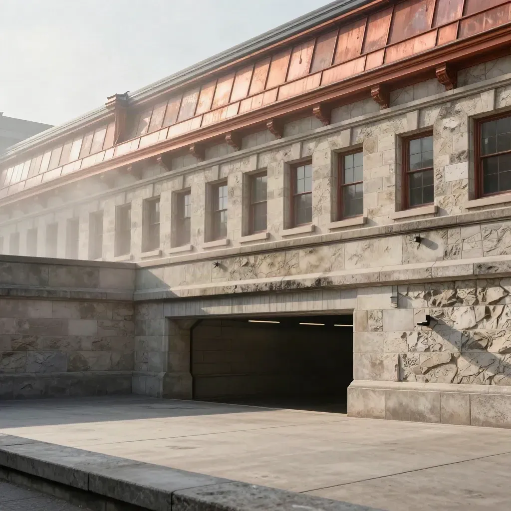 Montreal Metro limestone facades and copper rooftops above a calm misty stone underpass.